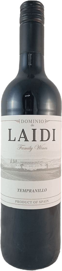 Het label toont de naam 'DOMINIO LAIDI' in grote letters bovenaan, met daaronder 'Family Wines'. Er is een gedetailleerde tekening van een landgoed of kasteel op het label. Onderaan staat 'TEMPRANILLO' en 'PRODUCT OF SPAIN'. Het geheel heeft een klassieke en traditionele uitstraling.