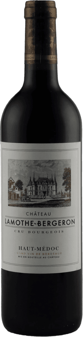 Het label toont een gedetailleerde tekening van een kasteel. Bovenaan staat 'Château Lamothe-Bergeron' met daaronder 'Cru Bourgeois'. Onderaan staat 'Haut-Médoc' en extra informatie over de wijn. Het ontwerp is klassiek en elegant, passend bij de traditionele uitstraling van Bordeaux-wijnen.