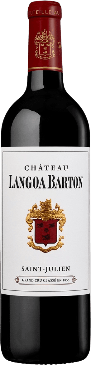 Het label heeft een wit achtergrond met in het midden een familiewapen. Bovenaan staat de tekst 'Château Langoa Barton' in grote zwarte letters. Onder het wapen staat 'Saint-Julien'. Het familiewapen is gedetailleerd en bevat goud- en roodtinten.