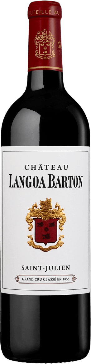 Het label toont een familiewapen met gouden en rode kleuren. Bovenaan staat de tekst 'CHÂTEAU LANGOA BARTON' in zwarte kapitalen, met daaronder 'SAINT-JULIEN'. Onder het wapen staat 'GRAND CRU CLASSÉ EN 1855'. Het ontwerp is klassiek en elegant.