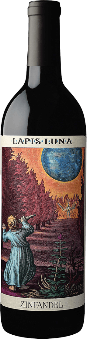 Het label toont een kunstzinnige afbeelding van een persoon die naar de maan wijst, omgeven door bomen en een kleurrijke hemel. De naam 'Lapis Luna' staat bovenaan in een klassieke lettertype.