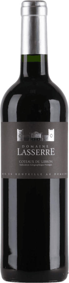 Het label toont een afbeelding van een kasteel of wijnhuis boven de tekst 'Domaine Lasserre'. De achtergrond is donker en het ontwerp is vrij minimalistisch met witte letters.