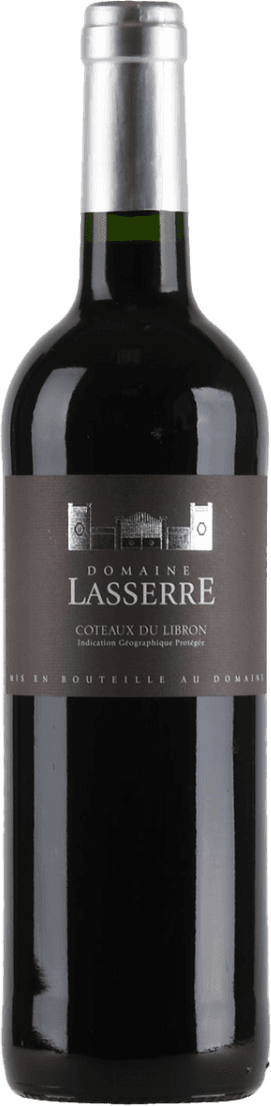 Het label toont een afbeelding van een kasteel of gebouw in zilverkleur boven de tekst 'Domaine Lasserre'. De achtergrond is donkergrijs en de tekst is wit. Het ontwerp is eenvoudig en traditioneel, met een focus op het centrale gebouw.