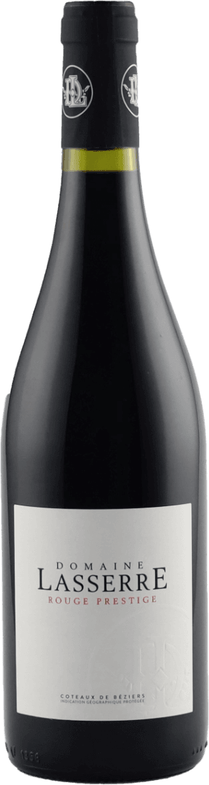 Het label is eenvoudig en minimalistisch vormgegeven. Het bestaat uit een witte achtergrond met zwarte en rode tekst. Bovenaan staat 'Domaine Lasserre' in grote zwarte letters, met 'Rouge Prestige' eronder in het rood. Rechtsonder is een licht reliëf zichtbaar van een familiewapen of monogram, maar dit is subtiel en niet direct opvallend. Verder zijn er geen afbeeldingen, illustraties of kleurrijke elementen op het label.