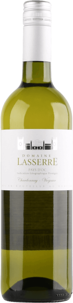 Het label is wit met een minimalistisch ontwerp. Bovenaan staat een afbeelding van een poort of gebouw in grijstinten, die symmetrisch is geplaatst. Daaronder staat de tekst 'Domaine Lasserre' in goudkleurige letters en andere informatie over de wijn in kleinere, zwarte letters.