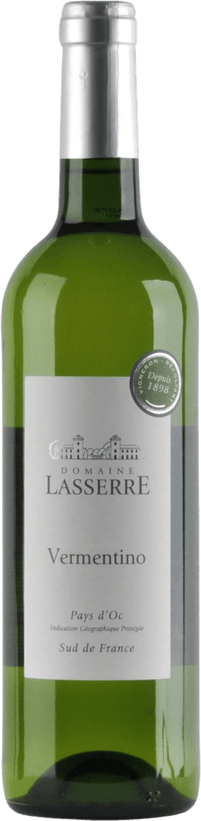 Het label toont een gestileerde afbeelding van een kasteel of landhuis boven de tekst 'Domaine Lasserre'. Onder deze tekst staat 'Vermentino' en daaronder verdere geografische aanduidingen. Er is ook een kleine cirkel met de tekst 'Depuis 1898'.