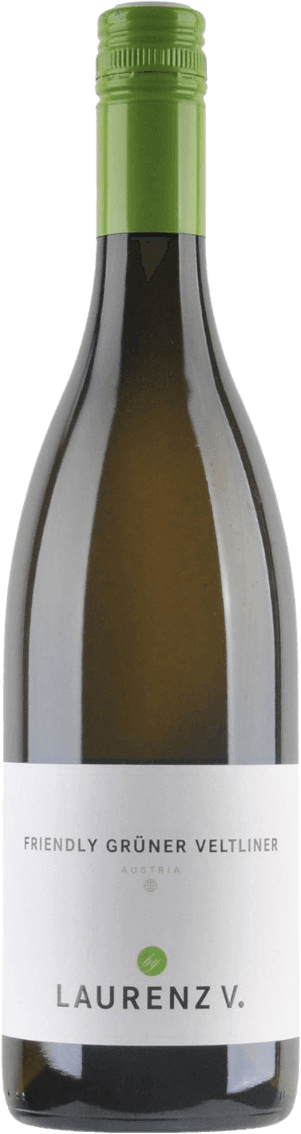Het label is minimalistisch met een witte achtergrond. In het midden staat de tekst 'FRIENDLY GRÜNER VELTLINER' in een moderne, strakke lettertype. Daaronder is er een kleine groene cirkel met initialen erin, en daaronder de naam 'LAURENZ V.' in grotere letters.
