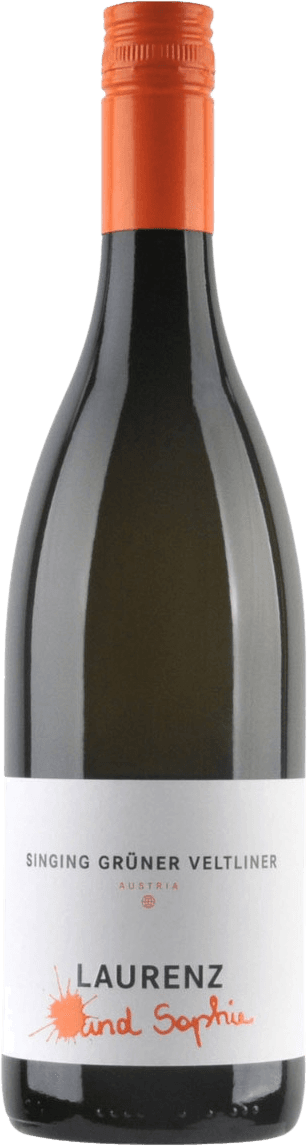 Het label is wit met zwarte en oranje tekst. Er staat 'Singing Grüner Veltliner' bovenaan en 'Laurenz und Sophie' onderaan in een speels lettertype. Er is een oranje spettereffect naast de naam.
