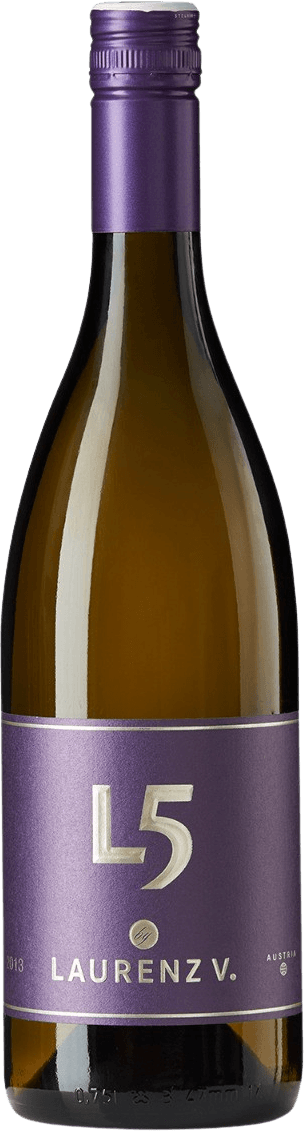 Het label is paars met een grote, zilverkleurige 'L5' in het midden. Onder de 'L5' staat 'LAURENZ V.' in hoofdletters. Het ontwerp is strak en modern.
