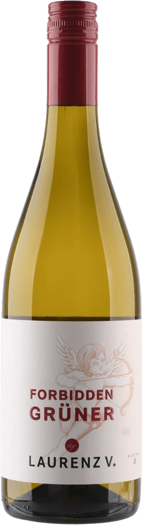 Het label toont een illustratie van een engel met vleugels die een pijl en boog vasthoudt. De tekst 'FORBIDDEN GRÜNER' is prominent aanwezig in grote rode letters, samen met de naam 'LAURENZ V.' onderaan het label.