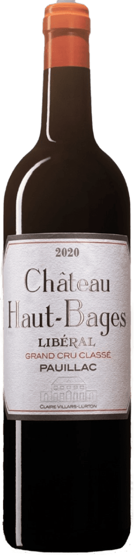 Het label toont de tekst 'Château Haut-Bages Libéral', 'Grand Cru Classé', en 'Pauillac'. Onderaan is een gestileerde afbeelding van een kasteel of wijnhuis te zien. Het label heeft een klassieke en elegante uitstraling met voornamelijk tekst in verschillende lettertypes.