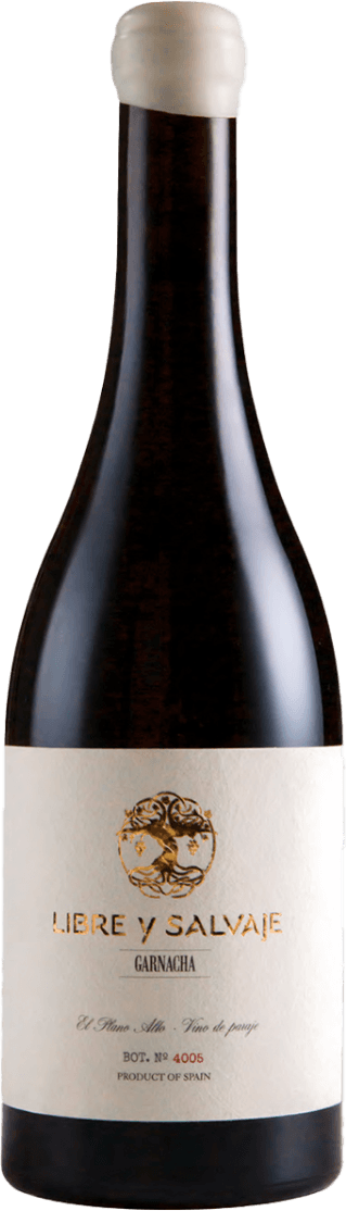 Het label is minimalistisch met een centraal embleem dat lijkt op een familiewapen. Het bevat sierlijke elementen en de naam 'Libre y Salvaje' in grote letters. Er is ook een nummer weergegeven onderaan het label.