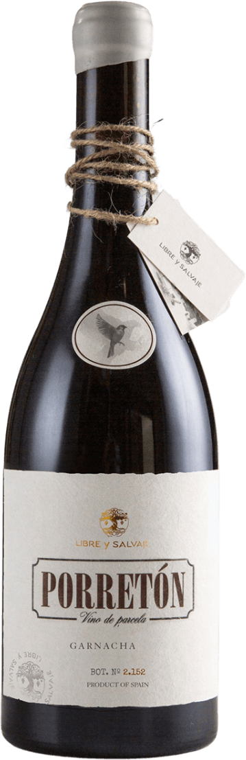 Het label toont een minimalistisch ontwerp met een centraal geplaatst, gestileerd vogelafbeelding in zwart-wit. Boven de afbeelding staat de merknaam 'Libre y Salvaje' en daaronder het woord 'PORRETÓN' in grote, opvallende letters. De achtergrond is eenvoudig en wit.