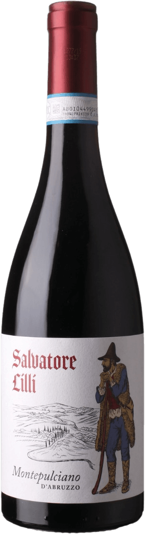 Het label toont een afbeelding van een man in traditionele kleding die leunt op een wandelstok. Op de achtergrond is een landschap te zien met heuvels en bomen.