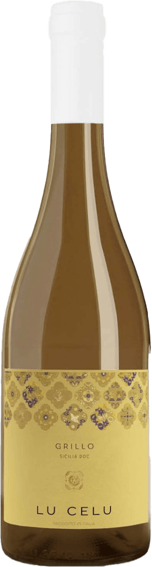 Het label heeft een gouden achtergrond met een patroon van decoratieve elementen in blauw en goud. De naam 'LU CELU' en andere teksten zijn in een eenvoudige, elegante typografie weergegeven.