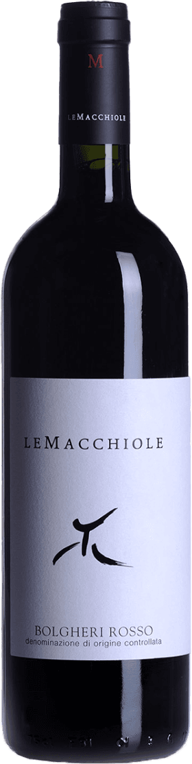 Het label heeft een minimalistisch ontwerp met de naam 'Le Macchiole' en 'Bolgheri Rosso' erop. Er is een abstract symbool dat lijkt op een gestileerde tekening.