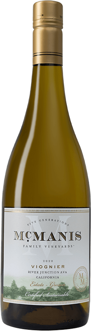 Het label van de wijnfles toont een elegante en minimalistische stijl. Het bevat de naam 'McManis Family Vineyards' prominent in het midden, met daaronder details zoals 'Viognier', 'River Junction AVA', en 'California'. Onderaan is er een afbeelding van een landschap of wijngaard in zachte tinten.