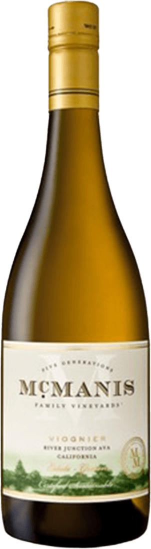 Het label van de wijnfles toont een landschap met groene tinten aan de onderkant, wat lijkt op een wijngaard of natuur. De tekst 'McManis Family Vineyards' is prominent aanwezig in grote letters bovenaan het label. Onder deze tekst staat 'Viognier River Junction AVA California'. Er is ook een zegel of embleem aan de rechteronderkant van het label.