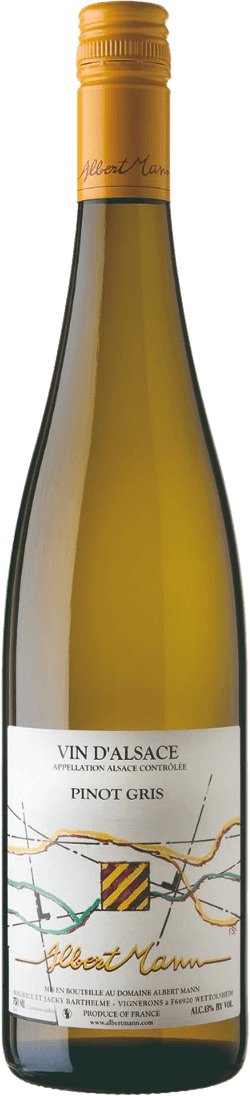 Het label toont een abstracte lijntekening met verschillende kleuren. In het midden staat een vierkant met diagonale strepen in geel en paars. De naam 'Albert Mann' is in sierlijke letters onderaan geschreven.