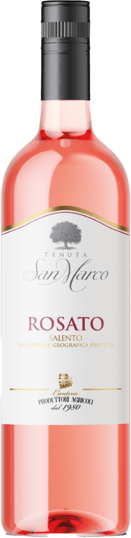 Het label is overwegend wit met een goudkleurige, golvende lijn aan de bovenkant. Bovenaan staat een afbeelding van een boom. In het midden staat sierlijk de naam 'Tenuta San Marco' en daaronder in grote letters 'ROSATO'. Onderaan is er een klein goudkleurig embleem en wat extra tekst.