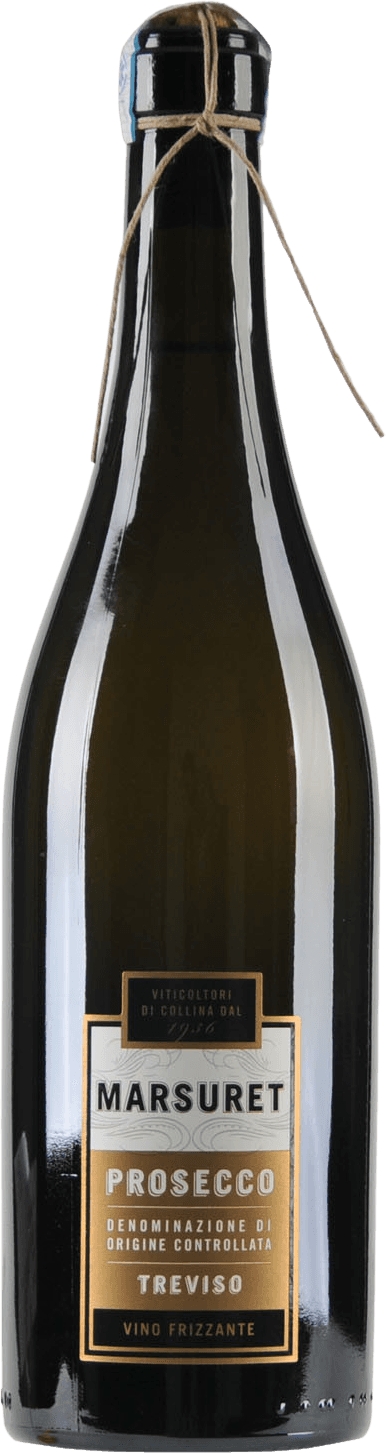 Het label van de wijnfles toont een vrij minimalistisch ontwerp met voornamelijk tekst. Bovenaan staat 'Viticoltori di Collina dal 1936', gevolgd door de merknaam 'Marsuret' in grote letters. Daaronder staat 'Prosecco', met daaronder de aanduiding 'Denominazione di Origine Controllata'. Het onderste deel van het label vermeldt 'Treviso Vino Frizzante'. Er zijn geen afbeeldingen of decoratieve elementen aanwezig, behalve enkele subtiele sierlijke lijnen.