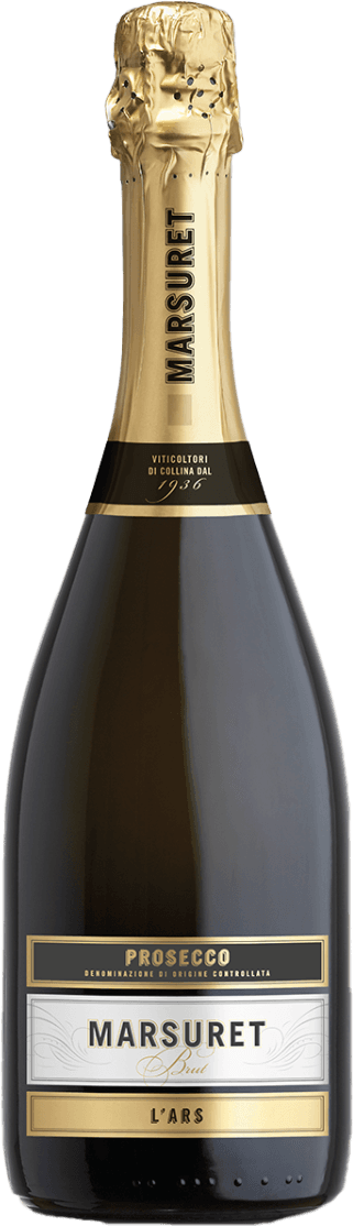 Het label van de Marsuret Prosecco fles heeft een elegante uitstraling. Het bevat voornamelijk tekst met een klassieke typografie. Bovenaan staat 'Marsuret' in grote, goudkleurige letters op de hals van de fles. Op het hoofdlabel is 'Prosecco' te lezen, samen met andere beschrijvingen zoals 'Brut'. Er zijn geen afbeeldingen of illustraties aanwezig, enkel decoratieve lijnen die het ontwerp verfraaien.