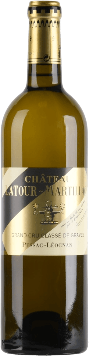 Het label heeft een diagonale tweekleurige achtergrond met goud en zwart. Er staat een embleem in het midden, samen met de naam 'CHÂTEAU LATOUR-MARTILLAC' in grote letters. Onderaan staan de woorden 'GRAND CRU CLASSÉ DE GRAVES' en 'PESSAC-LÉOGNAN'.