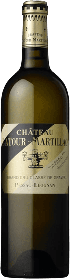 Het label toont een diagonale band met de tekst 'Château Latour-Martillac'. Er is een afbeelding van een kasteel of toren met sterren eromheen. Onder de band staat 'Grand Cru Classé de Graves' en 'Pessac-Léognan'.