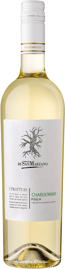 Het label toont een minimalistische illustratie van een boom met kale takken, centraal geplaatst boven de naam 'San Marzano'. De rest van het label is strak en eenvoudig vormgegeven met voornamelijk tekst in zwarte en groene letters. Het geheel oogt modern maar ingetogen.