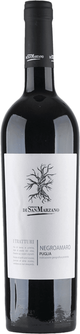 Het label toont een minimalistische, zwart-witte tekening van een boom of struik met kale takken centraal bovenaan. Daaronder staat in eenvoudige typografie de naam 'San Marzano' en verdere informatie over de wijn. Het ontwerp is strak, modern en rustig zonder veel kleur of decoratie.