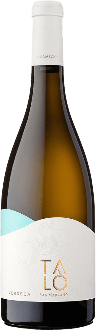 Het label van de fles heeft een minimalistisch ontwerp met een witte achtergrond. Er is een reliëf van een abstracte vorm of lijntekening zichtbaar. De naam 'TALÒ' staat in grote, moderne letters die deels goudkleurig zijn. Onderaan staat de naam 'Verdeca' en 'San Marzano'.