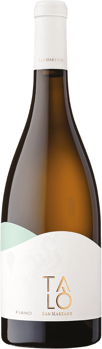 Het label heeft een minimalistisch ontwerp met een witte achtergrond. De naam 'Talò' staat in grote, goudkleurige letters centraal op het label. Er is een subtiele, reliëfachtige afbeelding zichtbaar die lijkt op abstracte lijnen of contouren van een landschap.