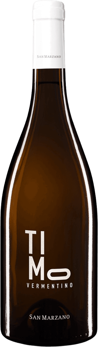 Het label van de wijnfles toont minimalistische tekst met de woorden 'TIMO' en 'VERMENTINO'. De letters zijn groot en opvallend, zonder afbeeldingen of extra versieringen. Het ontwerp is strak en modern.