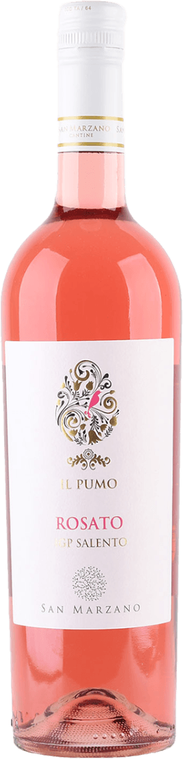 Het label toont een sierlijk ontwerp met florale en krullerige patronen in goud en zwart. De tekst 'IL PUMO' en 'ROSATO IGP SALENTO' staan prominent op het label, samen met de naam van de producent 'SAN MARZANO'.