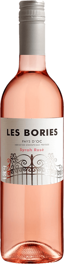 Het label toont een sierlijk hekwerk in zilvergrijs met daarboven de naam 'LES BORIES' in grote, zwarte letters. Onder de naam staat 'PAYS D'OC' en daaronder 'Syrah Rosé', beide in kleinere letters. Het ontwerp is minimalistisch met een focus op het hekwerk als centraal element.
