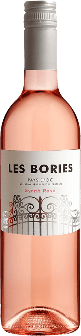 Het label toont een sierlijk hekwerk in zilvergrijs met daarboven de naam 'Les Bories' in grote, zwarte letters. Daaronder staat 'Pays d'Oc' en 'Syrah Rosé' in kleinere letters, met een elegante en minimalistische uitstraling.