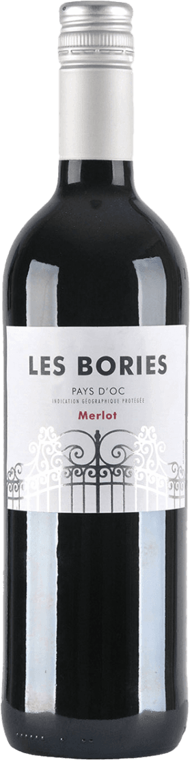 Het label toont een sierlijk hekwerk in zwart-wit, met de naam 'LES BORIES' prominent bovenaan. Daaronder staat 'PAYS D'OC' en 'MERLOT' in rode letters.