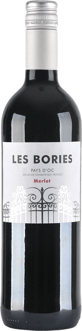 Het label van deze wijnfles is overwegend wit met zilvergrijze en zwarte accenten. Bovenaan staan grote, duidelijke letters met de naam 'LES BORIES'. Daaronder staat in kleinere letters de herkomst en het druivenras. Onderaan het label is een sierlijk hekwerk afgebeeld in zilvergrijs, wat een klassiek en elegant effect geeft. Het geheel oogt strak en minimalistisch, zonder veel kleur of illustraties, behalve het hekwerk.