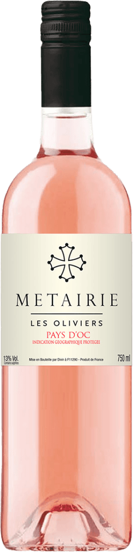 Het label van deze rosé is minimalistisch en strak vormgegeven. Bovenaan staat een abstract symbool dat lijkt op een kruis of ster, gevolgd door de merknaam 'Metairie' in grote, duidelijke letters. Daaronder staan de naam van de wijn 'Les Oliviers' en aanduidingen zoals 'Pays d'Oc' en andere herkomstinformatie. Het label heeft geen afbeeldingen van dieren, fruit, bloemen of natuur; het is vooral tekstueel met een klein grafisch element.