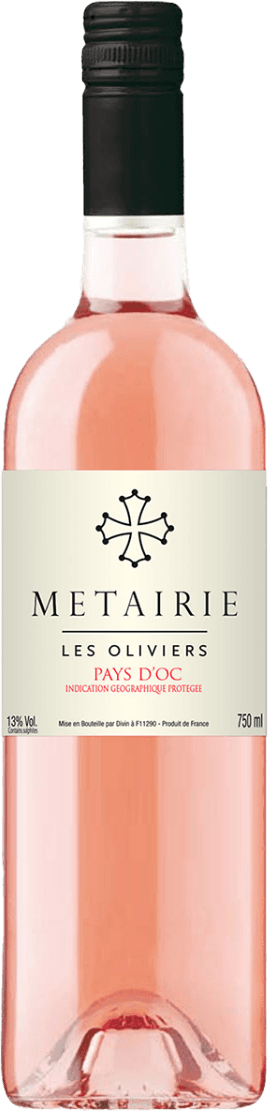 Het label is minimalistisch met grote, duidelijke letters. Bovenaan staat een symbool dat lijkt op een gestileerd kruis. De naam 'METAIRIE' is prominent aanwezig, gevolgd door 'LES OLIVIERS' en 'PAYS D'OC' in rood. Onderaan staat informatie over de wijn.