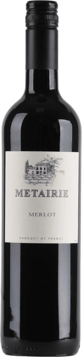 Het label toont een tekening van een gebouw, mogelijk een wijnhuis of kasteel, in zwart-wit. Daarboven staat de naam 'METAIRIE' in grote grijze letters en daaronder 'MERLOT' in kleinere rode letters. Onderaan het label staat 'PRODUCT OF FRANCE'. Het ontwerp is minimalistisch met een focus op typografie en de tekening.