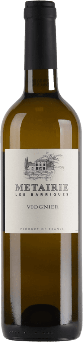 Het label toont een gedetailleerde tekening van een gebouw, mogelijk een wijnhuis of kasteel, boven de naam 'METAIRIE'. De tekst 'LES BARRIQUES' en 'VIOGNIER' staan eronder. Het geheel heeft een klassieke en traditionele uitstraling.