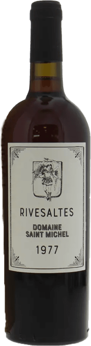 Het label toont een afbeelding van een engel in het midden met daaronder de tekst 'RIVESALTES DOMAINE SAINT MICHEL 1977'. Er zijn decoratieve elementen in de hoeken van het label.