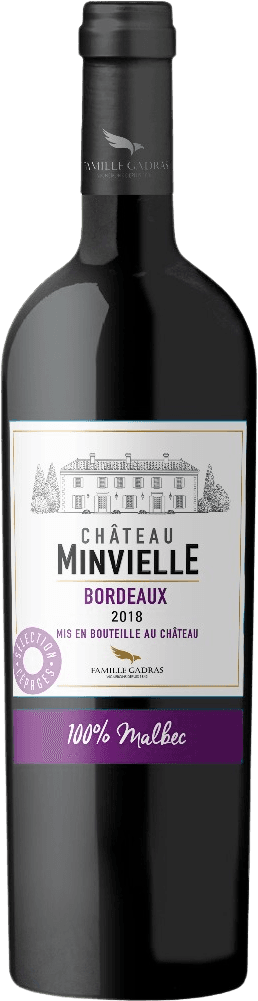 Het label toont een gedetailleerde tekening van een kasteel in zwart-wit bovenaan. Onder de tekening staat de tekst 'Château Minvielle Bordeaux 2018' in grote, duidelijke letters. Er is ook een paarse band met de tekst '100% Malbec'. Het ontwerp is klassiek en elegant.