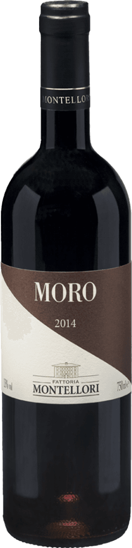 Het label van de wijnfles heeft een minimalistisch ontwerp met een diagonale scheiding tussen een bruine en witte achtergrond. Bovenaan staat 'MORO' in grote, duidelijke letters, gevolgd door het jaartal '2014'. Onderaan is er een tekening van een gebouw dat lijkt op een kasteel of wijnhuis, met daaronder de tekst 'FATTORIA MONTELLORI'.