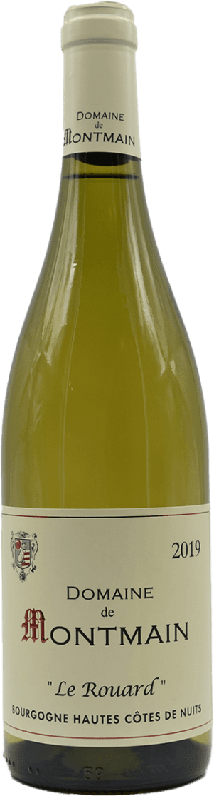 Het label van de wijnfles toont een traditioneel ontwerp met de naam 'Domaine de Montmain' prominent in het midden. Er is een familiewapen linksboven op het label, en onderaan staat 'Bourgogne Hautes Côtes de Nuits'. Het jaartal 2019 is ook zichtbaar. De stijl is klassiek met duidelijke typografie.