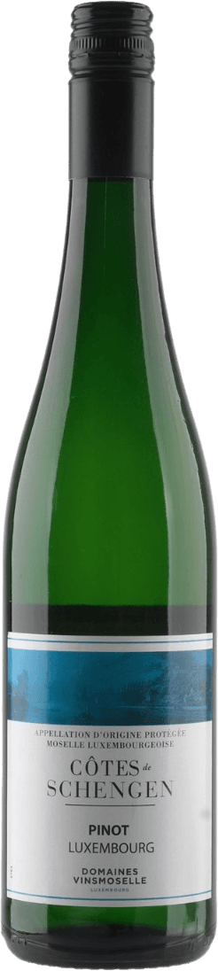 Het label toont een afbeelding van een landschap met wijngaarden. Er is tekst in grote letters die de naam van de wijn vermeldt, 'Côtes de Schengen'. Het heeft een traditionele uitstraling met een focus op eenvoud en duidelijkheid.