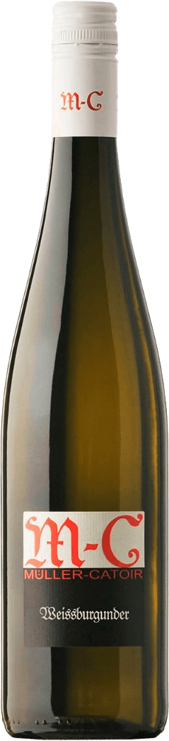 Het label heeft een minimalistisch ontwerp met grote, opvallende letters 'M-C' in het rood bovenaan. Daaronder staat de naam 'Müller-Catoir' in kleinere rode letters op een zwarte achtergrond. De wijnsoort 'Weissburgunder' is ook vermeld in witte letters op dezelfde zwarte achtergrond.