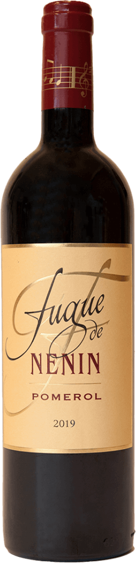Het label van deze wijnfles is klassiek en elegant vormgegeven. Het heeft een crèmekleurige achtergrond met sierlijke, grote kalligrafische letters voor de naam 'Fugue de Nenin'. De tekst 'Pomerol' en het jaartal 2019 staan eronder in een meer traditionele schreefletter. Op de hals van de fles staat een muzikale notenbalk afgebeeld in goudkleur.