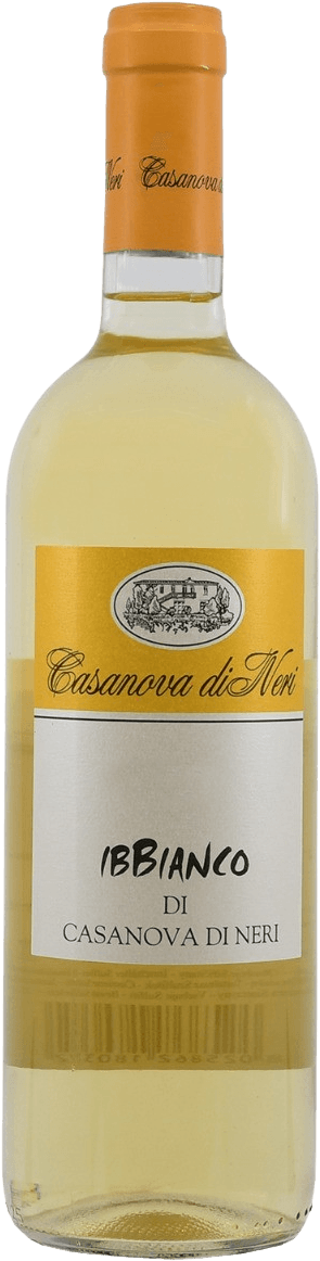 Het label heeft een gouden achtergrond met daarop een klein ovaal embleem dat een landschap of gebouw lijkt te tonen. De naam 'Casanova di Neri' staat in sierlijke letters bovenaan het label, en daaronder in grotere, zwarte letters de naam van de wijn 'IBBIANCO DI CASANOVA DI NERI'.